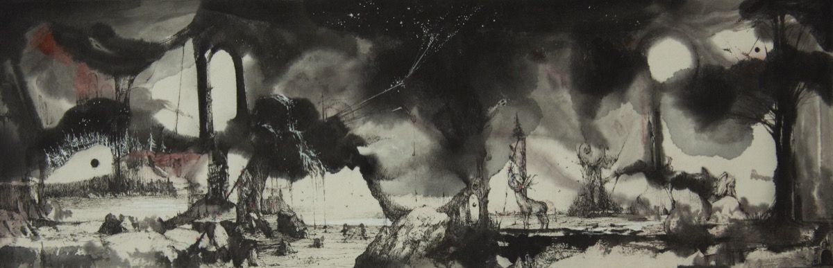 Untitled 25, 2021, ink and gel pen on hanji mounted on panel by Seongkeun Park.