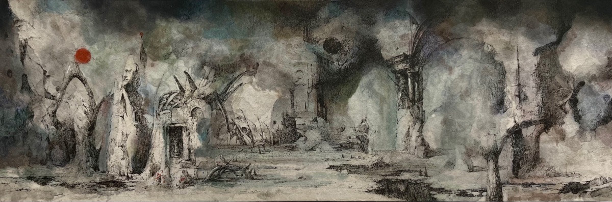 Untitled 26, 2021, ink and gel pen on hanji mounted on panel by Seongkeun Park.