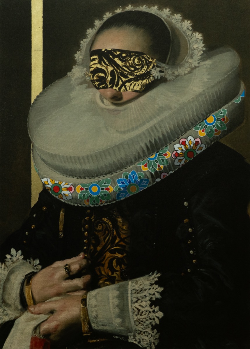 Portrait of Desire (after Frans Hals), 2024, oil, gold leaf, and archival pigment print on canvas by Seongkeun Park.