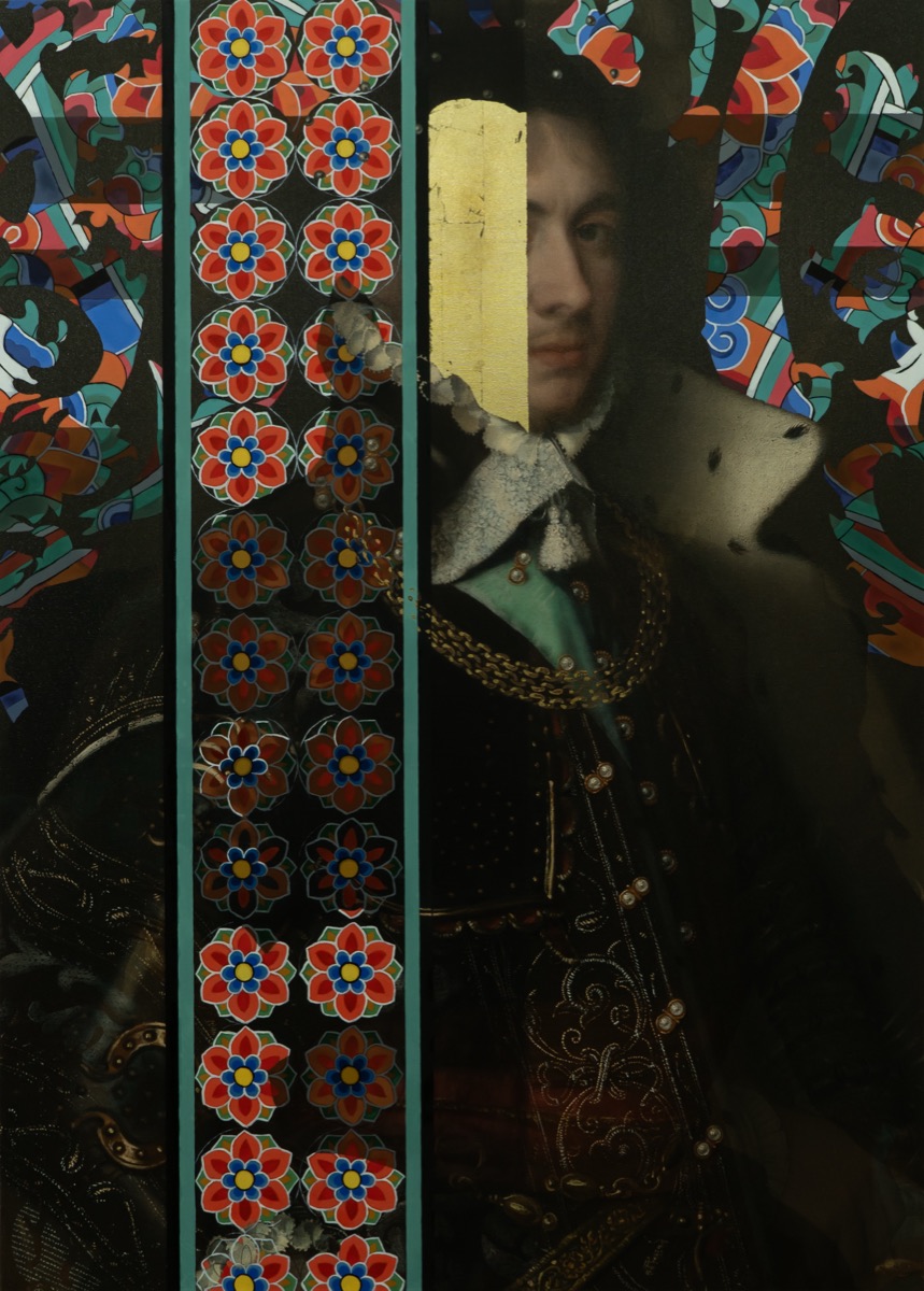 Portrait of Desire (after Philippe de Champaigne), 2024, oil, gold leaf, and archival pigment print on canvas by Seongkeun Park.